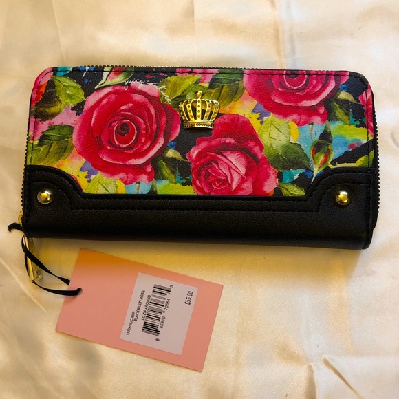 Juicy Couture Black Multi Rose Faux Leather Large Zip Around Wallet NWT - Picture 3 of 10